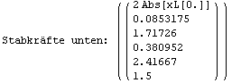 Stabkräfte unten:  ( {{( {{2 Abs[xL[0.]]}, {0.0853175}, {1.71726}, {0.380952}, {2.41667}, {1.5}} )}} )