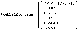 Stabkräfte oben:  ( {{( {{5^(1/2) Abs[yL[0.]]}, {2.80698}, {1.61272}, {3.07238}, {1.24781}, {3.59368}} )}} )
